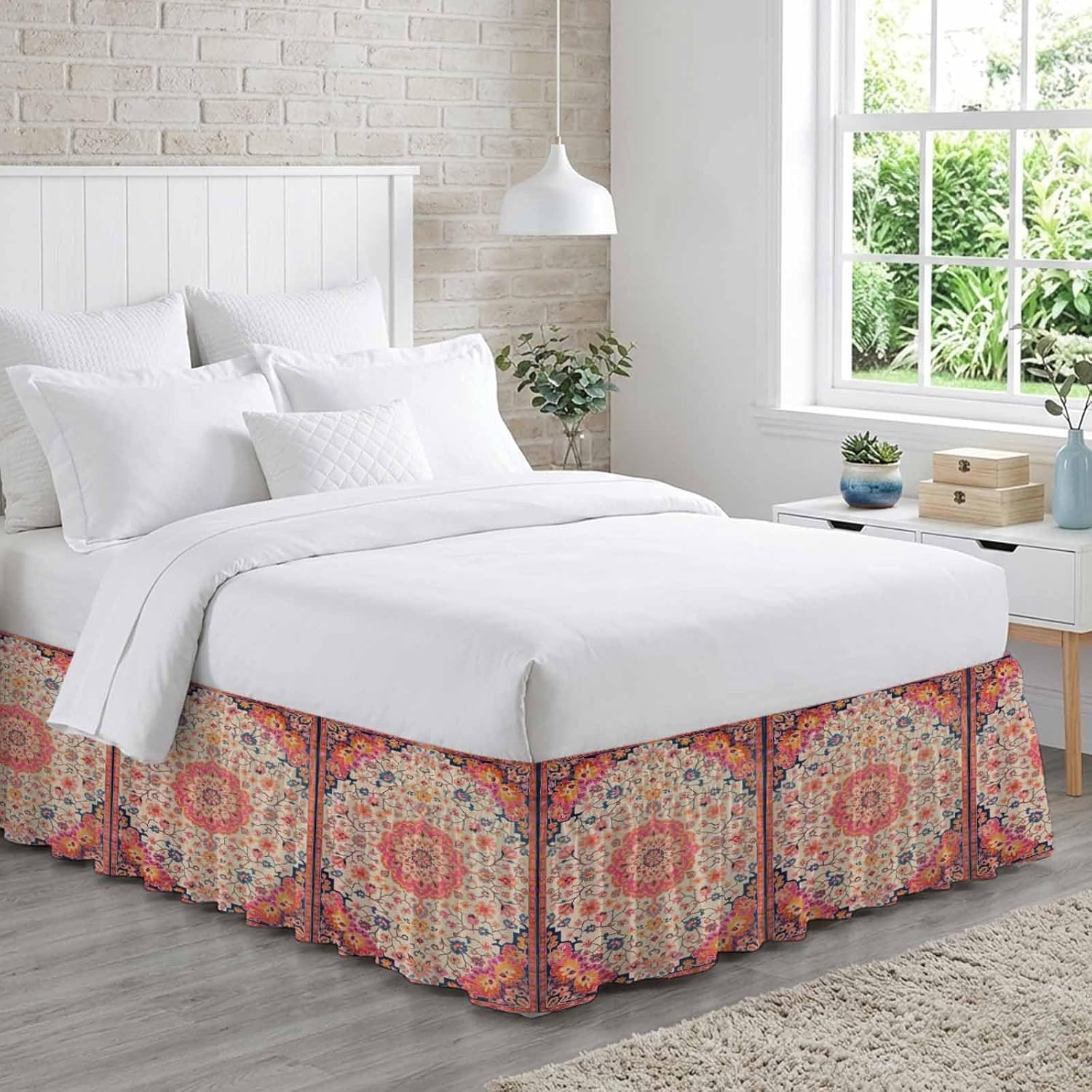 Boho Ethnic Bed Skirt Full/Queen Size Bed Skirting 18 Inch Drop Adjustable Elastic Dust Ruffles Wrap Around Bedskirt Pleated Southwest Aztec Tribal Geometric Aesthetic Bedding Frame Cover for Dorm