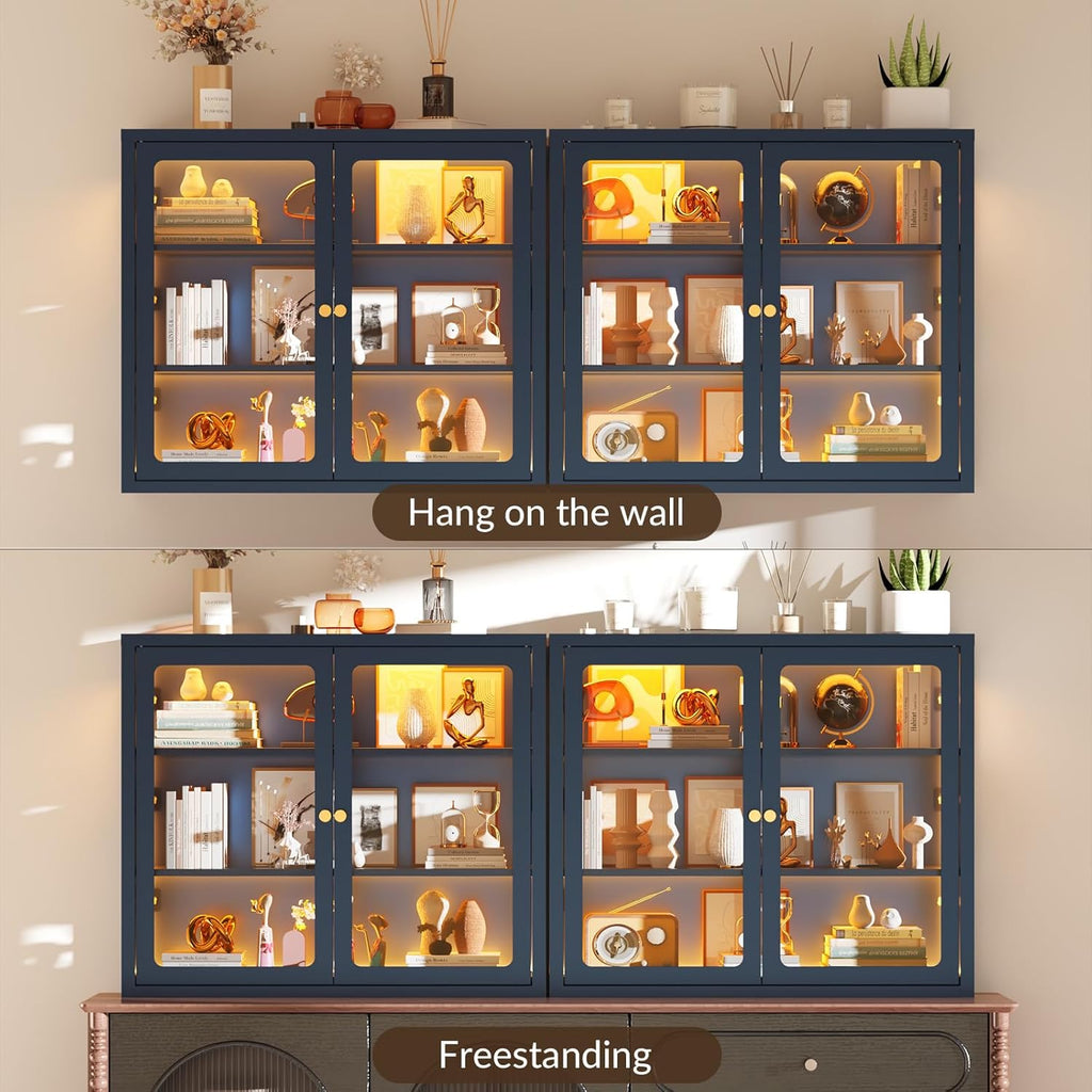 Bathroom Wall Cabinet with 13-Color Light, Wall Mounted 3-Sided Glass Display Cabinet with Adjustable Shelves, Floating Metal Medicine Storage Cabinet for Kitchen Living Room - Blue