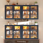 Bathroom Wall Cabinet with 13-Color Light, Wall Mounted 3-Sided Glass Display Cabinet with Adjustable Shelves, Floating Metal Medicine Storage Cabinet for Kitchen Living Room - Blue