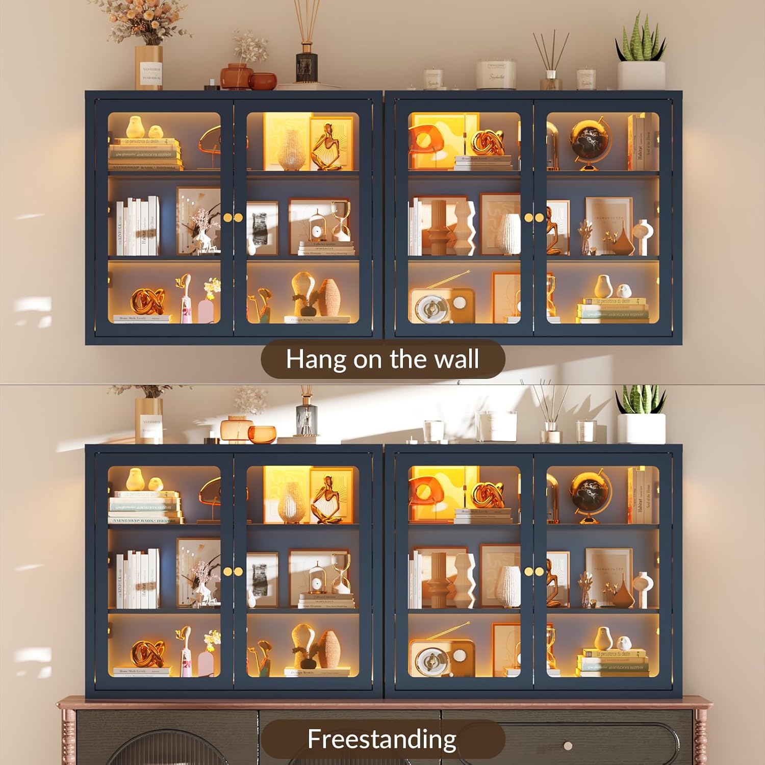 Bathroom Wall Cabinet with 13-Color Light, Wall Mounted 3-Sided Glass Display Cabinet with Adjustable Shelves, Floating Metal Medicine Storage Cabinet for Kitchen Living Room - Blue