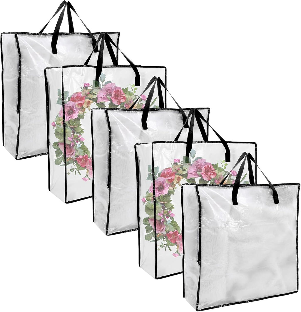5 Pack Moving Bags, Wreath Storage Bag, Garland Container, Clear Storage Bags with Handles and Zippers Moving Bag for College Carrying, Bedding, Gift Organizer, Under the Bed Storages