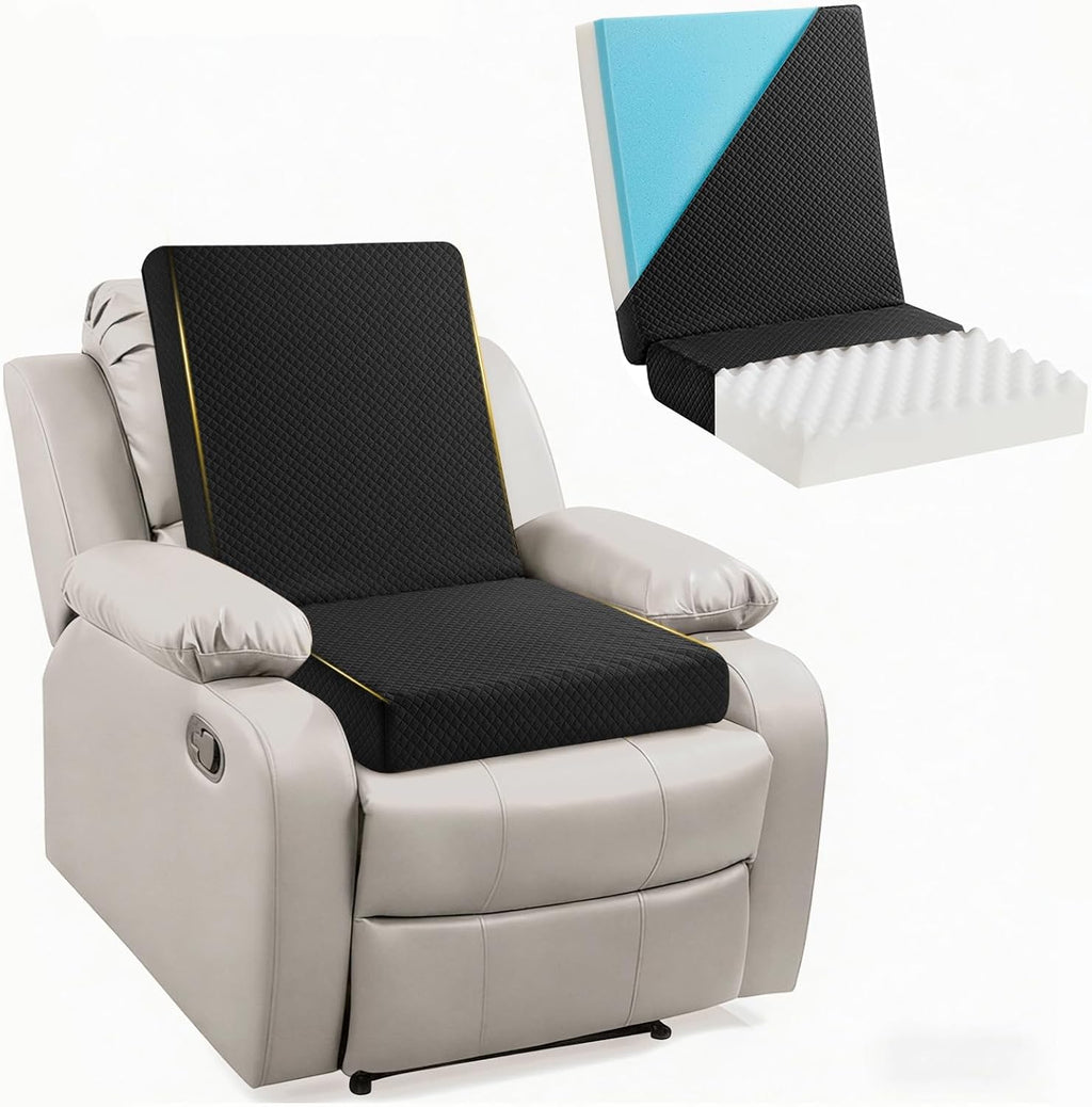 Recliner Cushions for Elderly,20x20x4 Inch Thick Egg Crate Foam Seat Cushion with Back Support Pillow for Reduce Hip & Lumbar Pain, Non-Slip Bottom and Removable Washable Cover,Black