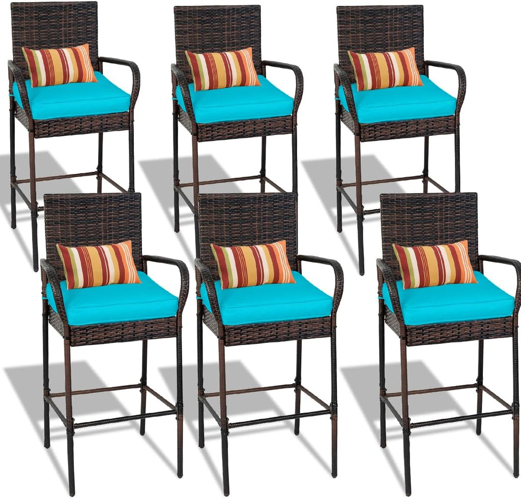 Sundale Outdoor Wicker Bar Stool Set of 6, Patio Counter Height Pub Chair with Arms, High Top Rattan Barstool, Cushion Beige, All-Weather Outdoor Rattan Furniture (Brown&Blue, Small Seat - 6 Stools)
