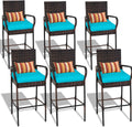 Sundale Outdoor Wicker Bar Stool Set of 6, Patio Counter Height Pub Chair with Arms, High Top Rattan Barstool, Cushion Beige, All-Weather Outdoor Rattan Furniture (Brown&Blue, Small Seat - 6 Stools)