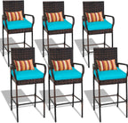 Sundale Outdoor Wicker Bar Stool Set of 6, Patio Counter Height Pub Chair with Arms, High Top Rattan Barstool, Cushion Beige, All-Weather Outdoor Rattan Furniture (Brown&Blue, Small Seat - 6 Stools)