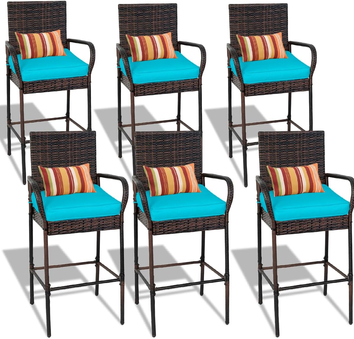 Sundale Outdoor Wicker Bar Stool Set of 6, Patio Counter Height Pub Chair with Arms, High Top Rattan Barstool, Cushion Beige, All-Weather Outdoor Rattan Furniture (Brown&Blue, Small Seat - 6 Stools)