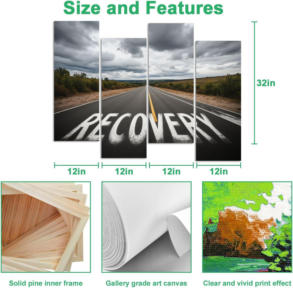 4 Pcs Canvas Wall Art Recovery sign Photo Prints Realism Stretched and Framed Artworks Modern Wall Decor for Living Room Bedroom Office