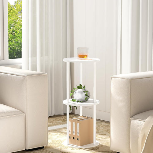11.8'D Round Drink Table - 3-Tier Small Side Table with Wood Legs, End Table for Small Space, Balcony & Office | Space-Saving, Multi-Functional (Plants, Books, Drinks), White