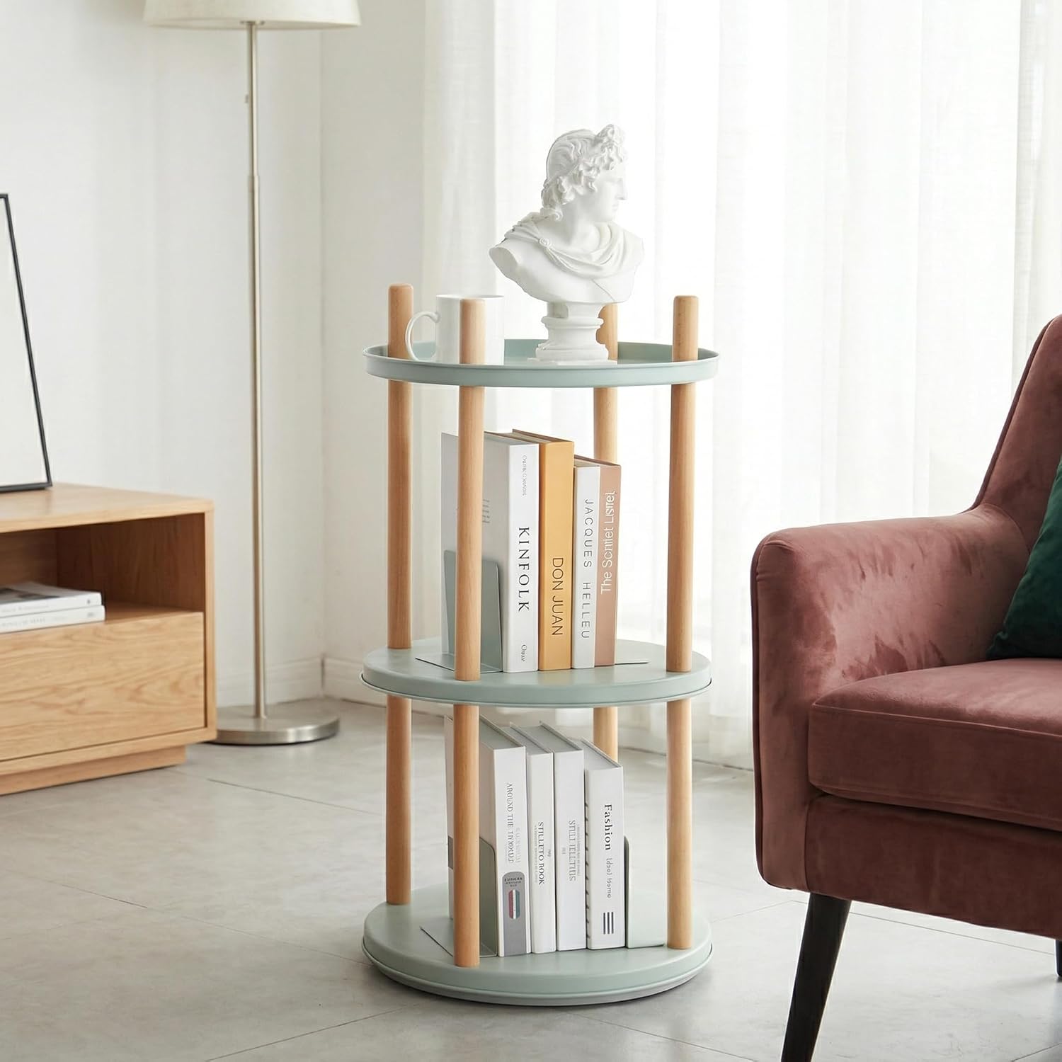 3-Tier Rotating Side Table, Round End Table with Storage Basket & Bookends, Modern Narrow Nightstand for Small Spaces, Living Room, Bedroom, Mint Green & Natural Wood