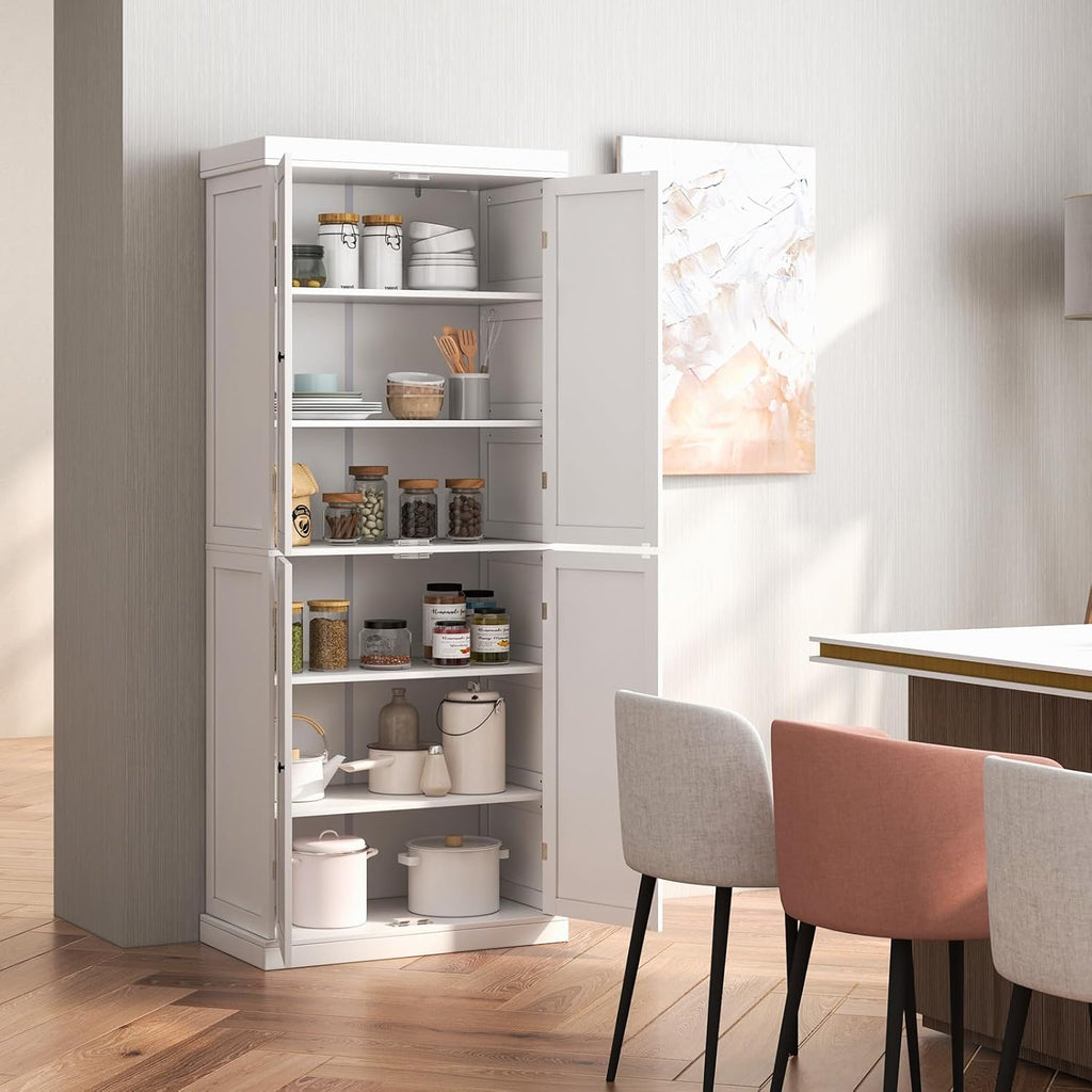 LOKO 4 Door Kitchen Pantry Cabinet, Freestanding Storage Cabinet with Adjustable Shelve, 72.5” Tall Buffet Cabinet for Dining Room, Living Room, Laundry, Home Office (White)