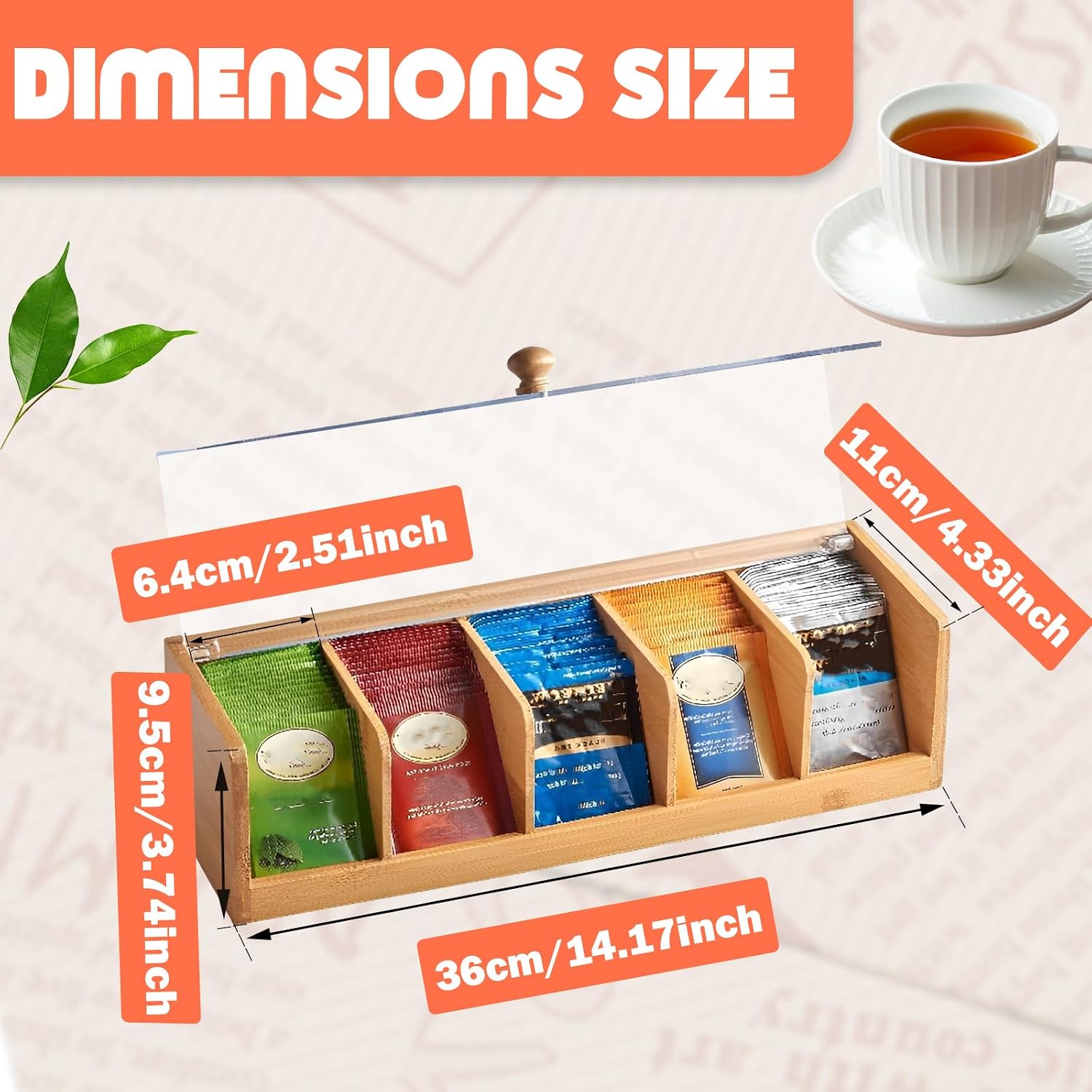 Bamboo Tea Bag Organizer, Bamboo Tea Box with 5 Compartments, Tea Storage Organizer Holder Box with Acrylic Window for Teabags, Countertop TeaStation Organizer for Home Kitchen Office Cabinet Pantry