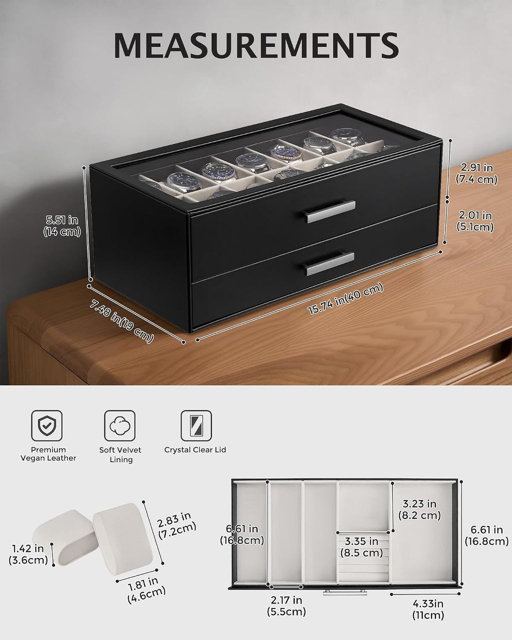 ProCase 14-Slot Watch Box, 2-Tier Pull-Out Drawers Display Case for Men with Clear Top Lid, Watches Jewelry Sunglass Storage Holder Organizer for Husband Dad, Gift Choice for Father's Day -Black
