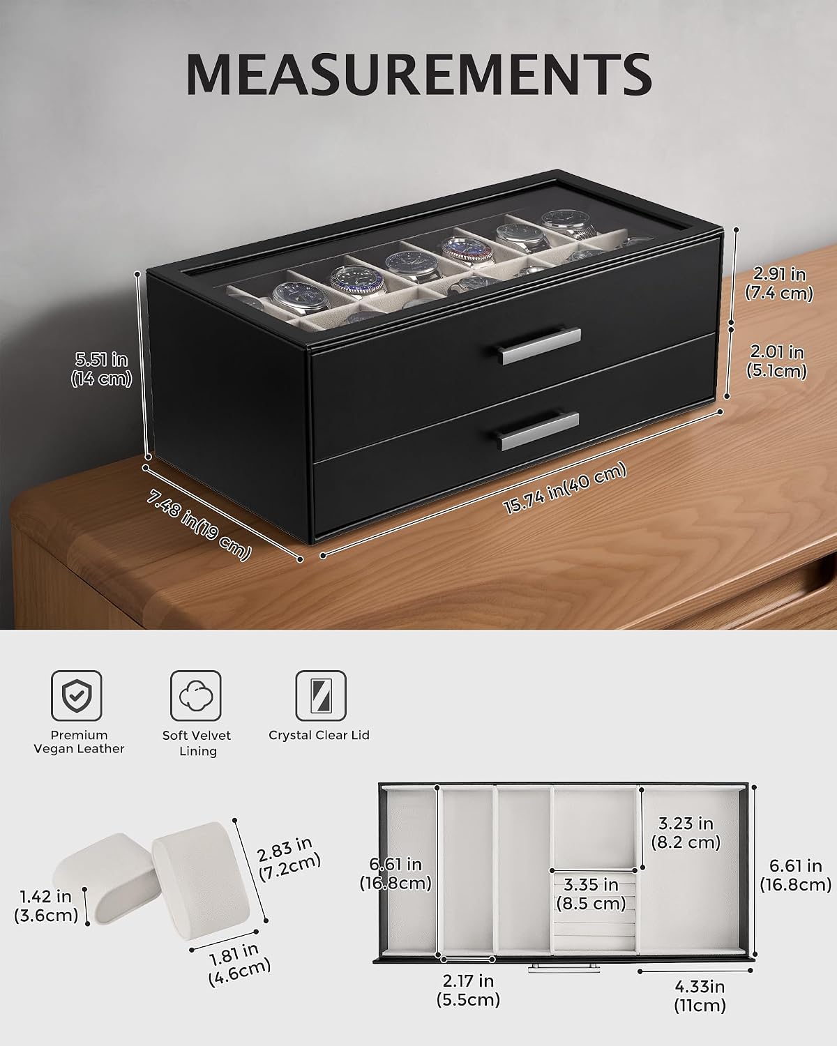 ProCase 14-Slot Watch Box, 2-Tier Pull-Out Drawers Display Case for Men with Clear Top Lid, Watches Jewelry Sunglass Storage Holder Organizer for Husband Dad, Gift Choice for Father's Day -Black