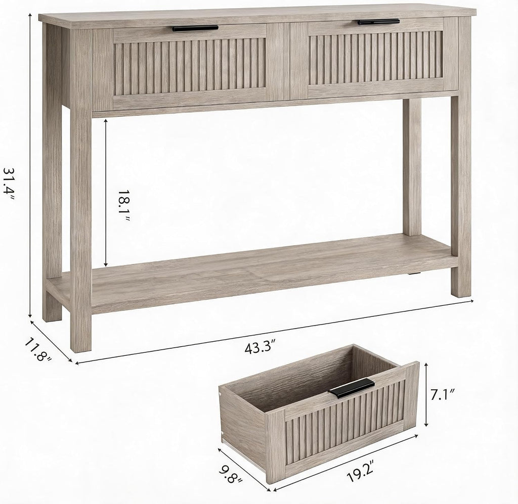 GAOMON Entryway Table with 2 Drawers, Farmhouse 43 Inch Wood Fluted Console Table with Shelf, 2 Tier Sofa Table with Storage for Living Room, Foyer Tables for Entryway - Grey
