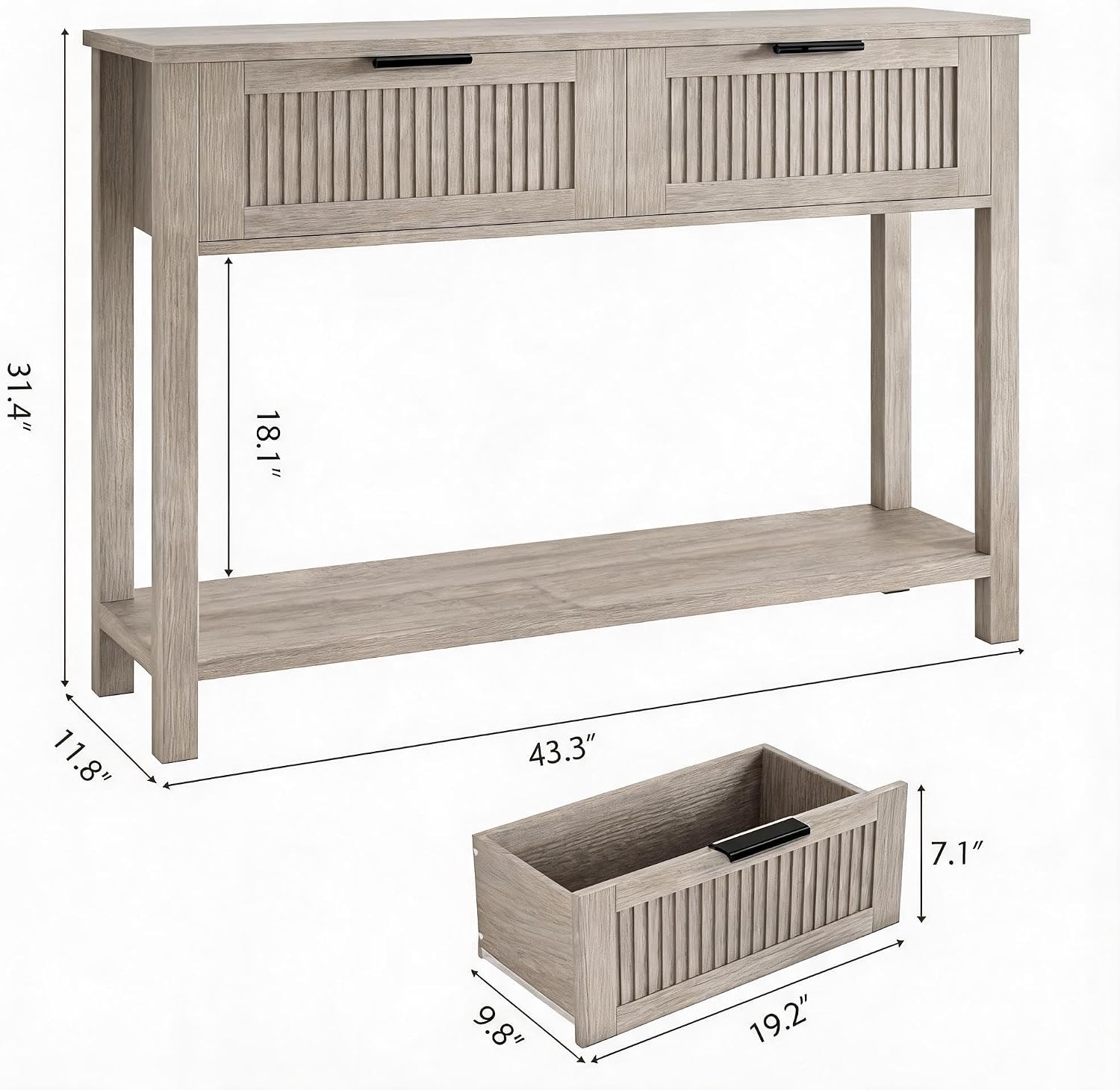 GAOMON Entryway Table with 2 Drawers, Farmhouse 43 Inch Wood Fluted Console Table with Shelf, 2 Tier Sofa Table with Storage for Living Room, Foyer Tables for Entryway - Grey