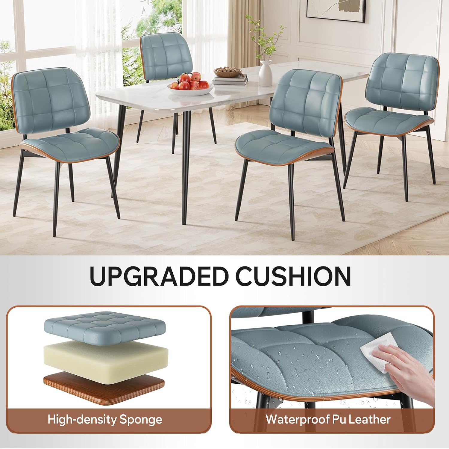 Dining Chairs Set of 4, Mid Century Modern Dining Room Chair with Thick Cushion, Upholstered Faux Leather Kitchen Chairs with Walnut Bentwood Back for Kitchen Dining Room, Blue