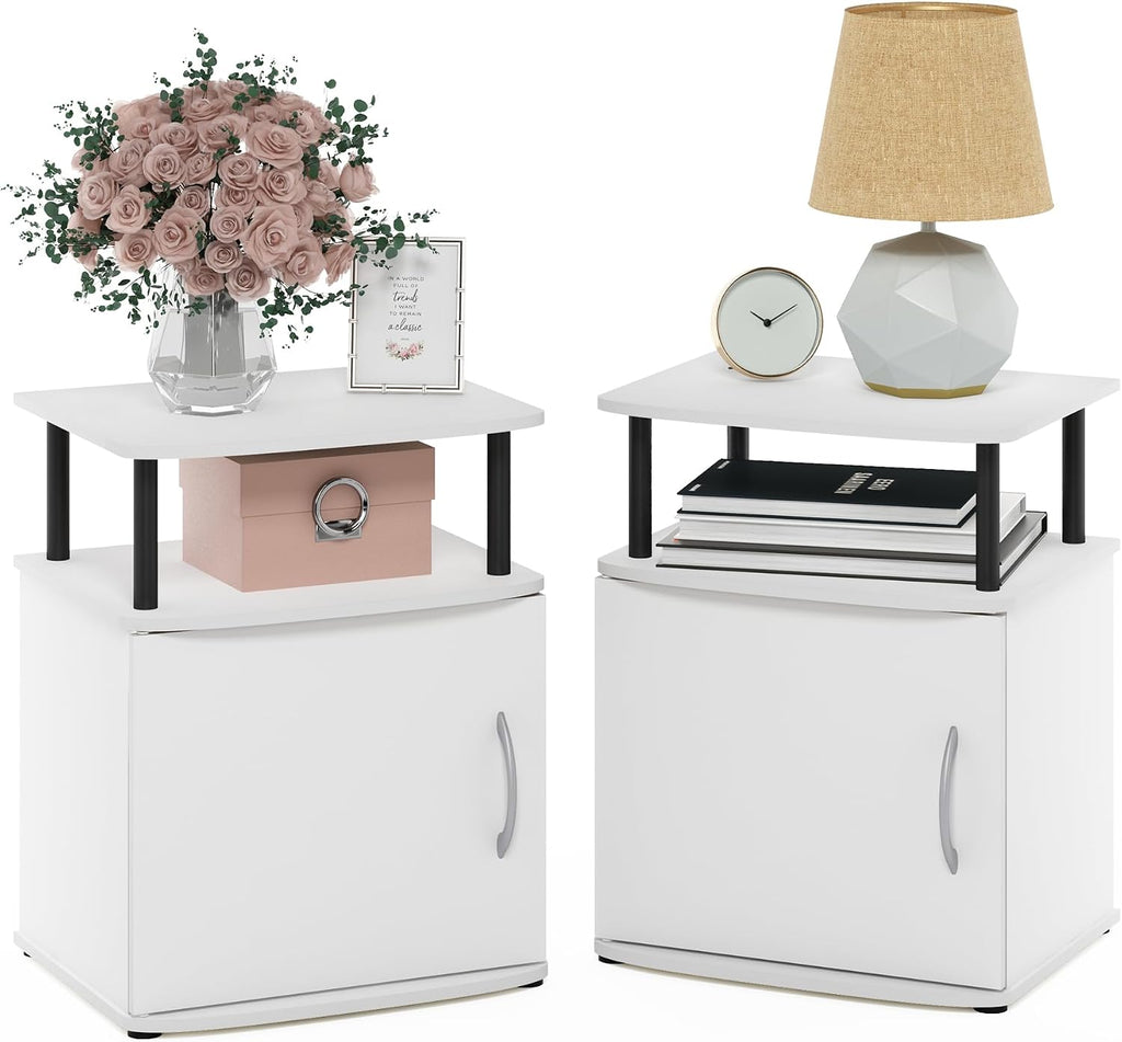 Furinno Jaya Side Table Set of 2, 2-Tier Open Shelf End Table with Door Cabinet, Soft-Edges Night Stand, Bedside Table, for Living Room, Bedroom, White