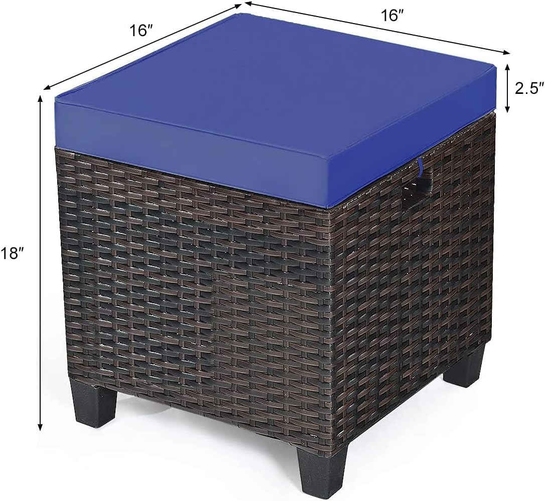 Giantex 2-Piece Rattan Patio Ottoman, All Weather Wicker Ottoman w/Removable Cushion & Steel Frame, Outdoor Footstool Footrest Furniture (Navy Blue)