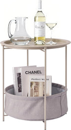 VECELO Round Side/End Table with Fabric Storage Basket，Metal Anti-Rust and Waterproof Small Bedside Nightstand with Removable Tray Top for Living Room，Balcony & Laundry，Grey /1pcs with Basket