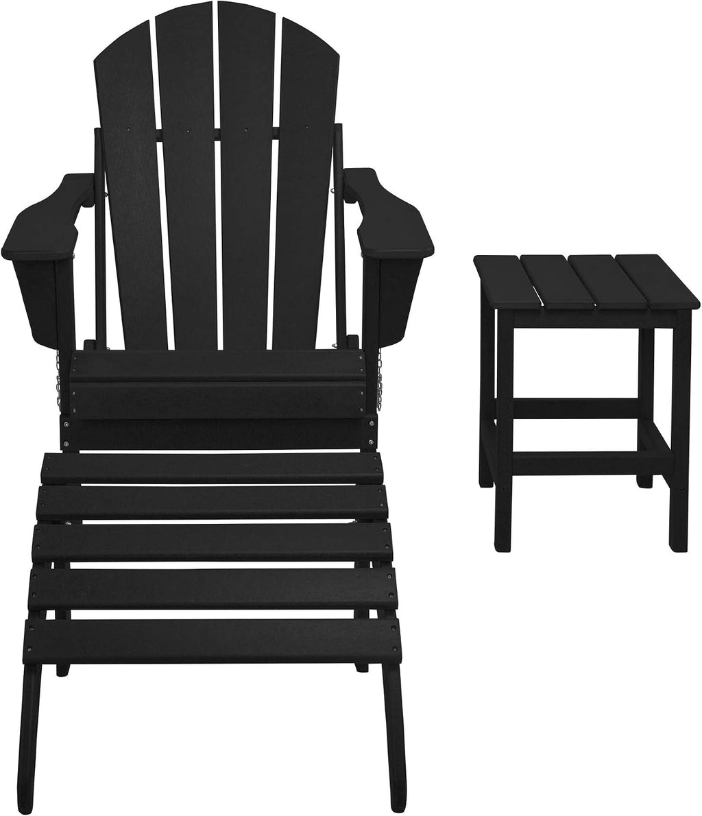WestinTrends Malibu Outdoor Lounge Chairs, 3-Pieces Adirondack Chair Set with Ottoman and Side Table, All Weather Poly Lumber Patio Lawn Folding Chair for Outside Pool Garden Backyard, Black