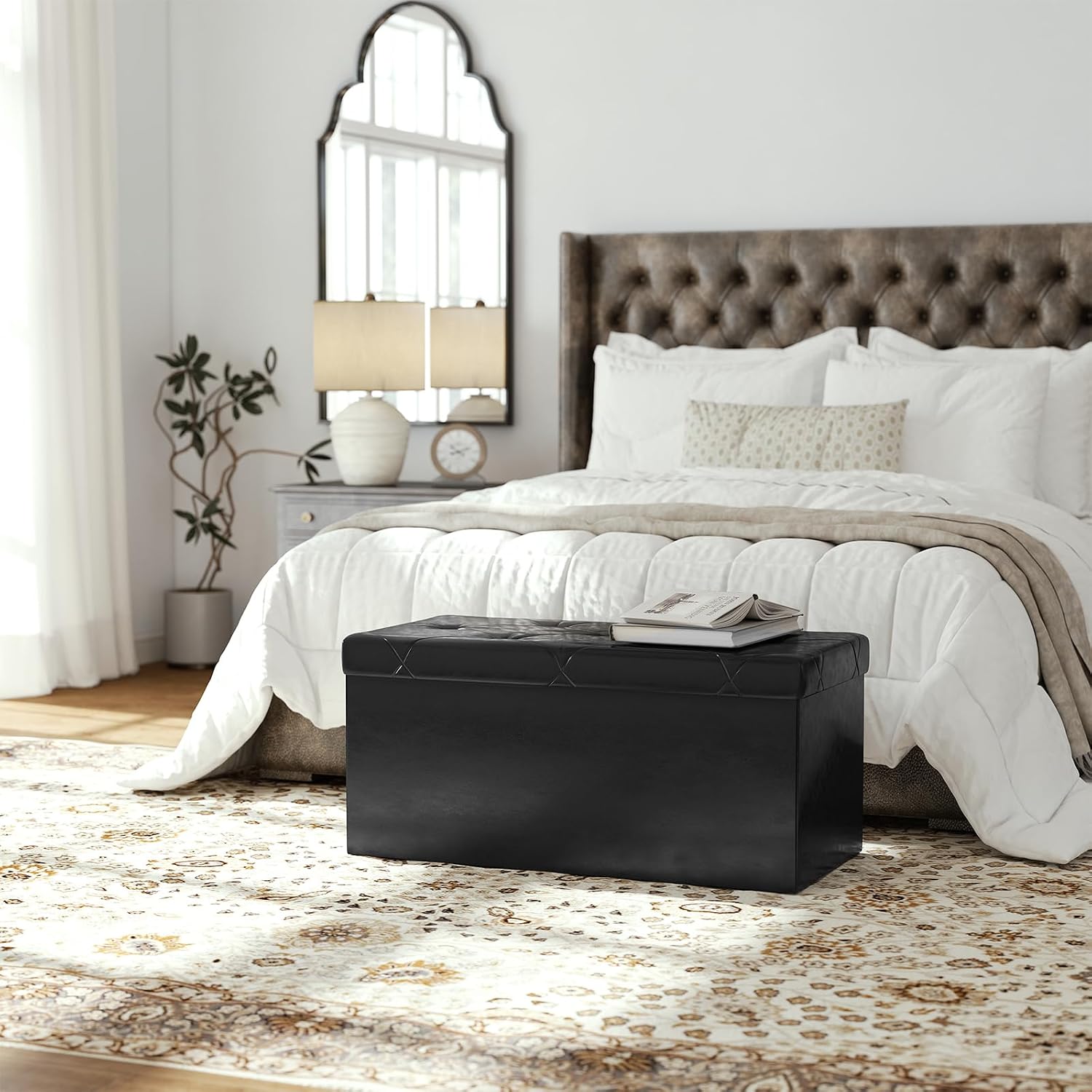 DUMOS 30 Inches Folding Ottoman with Storage Bench, Foot Rest Stool, End of Bed Storage Bench Upholstered, Load 660 lbs, for Living Room, Lychee Grain Leather, Black