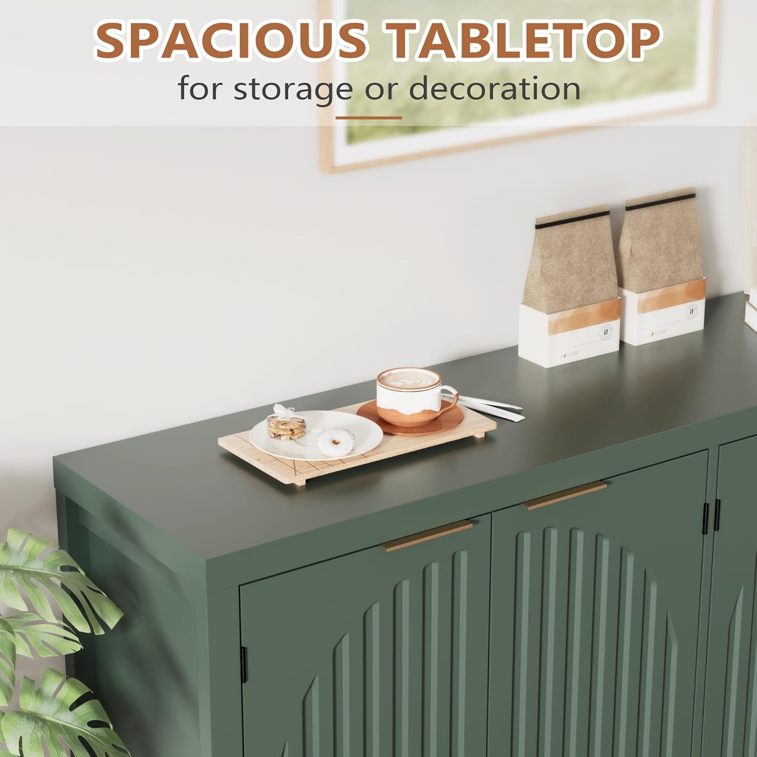 Fluted Sideboard Buffet Cabinet with Storage, 58" Mid Century Modern Accent Cabinet with Arch Doors, Large Wood Media TV Console Table Credenza for Dining Room, Kitchen, Living Room Entryway, Green
