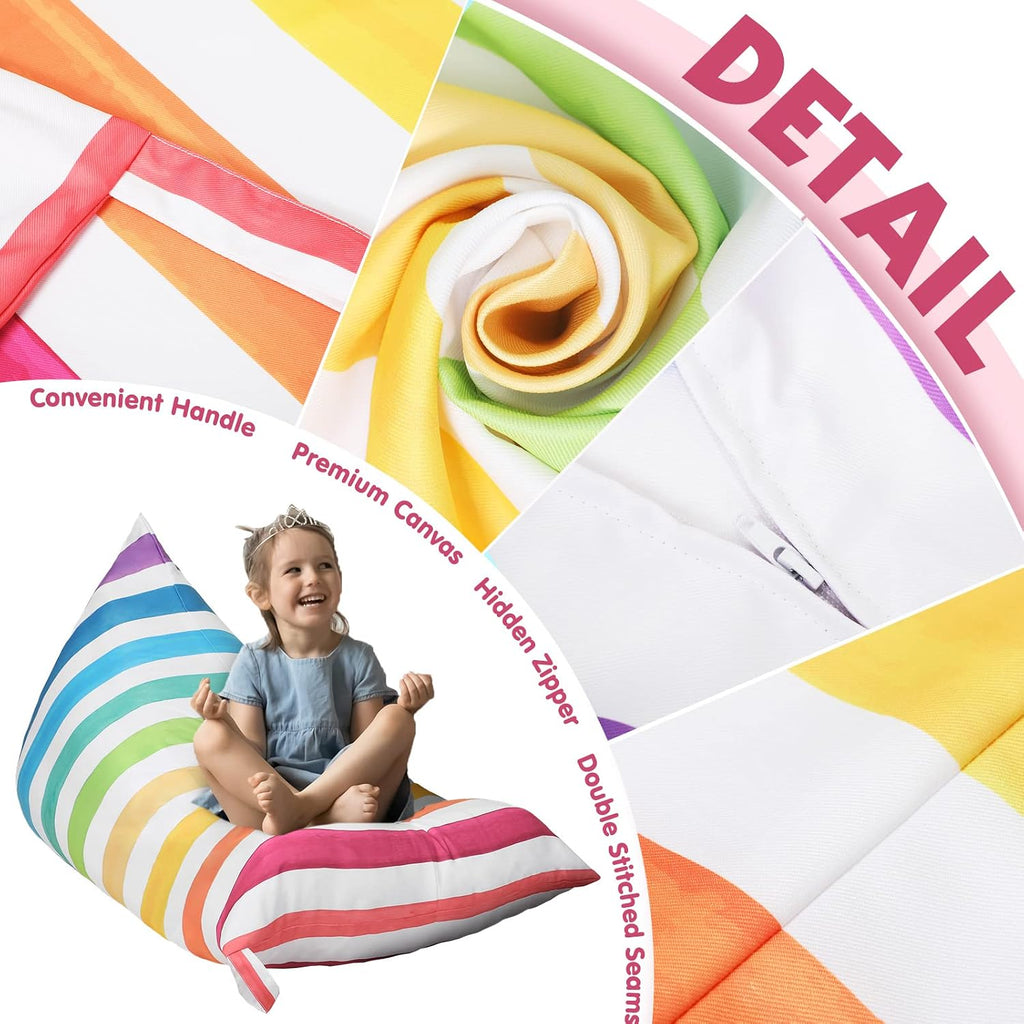 Sotiff Stuffed Animal Storage Bean Bag Chair Cover for Kids Extra Large Stuffed Canvas Bean Bag Cover for Organizing Children Plush Toys Holder Kids' Room, No Filling, 50 x 35 x 35 Inch(Rainbow Style)