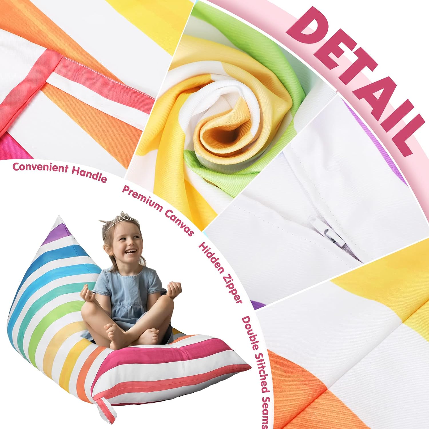 Sotiff Stuffed Animal Storage Bean Bag Chair Cover for Kids Extra Large Stuffed Canvas Bean Bag Cover for Organizing Children Plush Toys Holder Kids' Room, No Filling, 50 x 35 x 35 Inch(Rainbow Style)