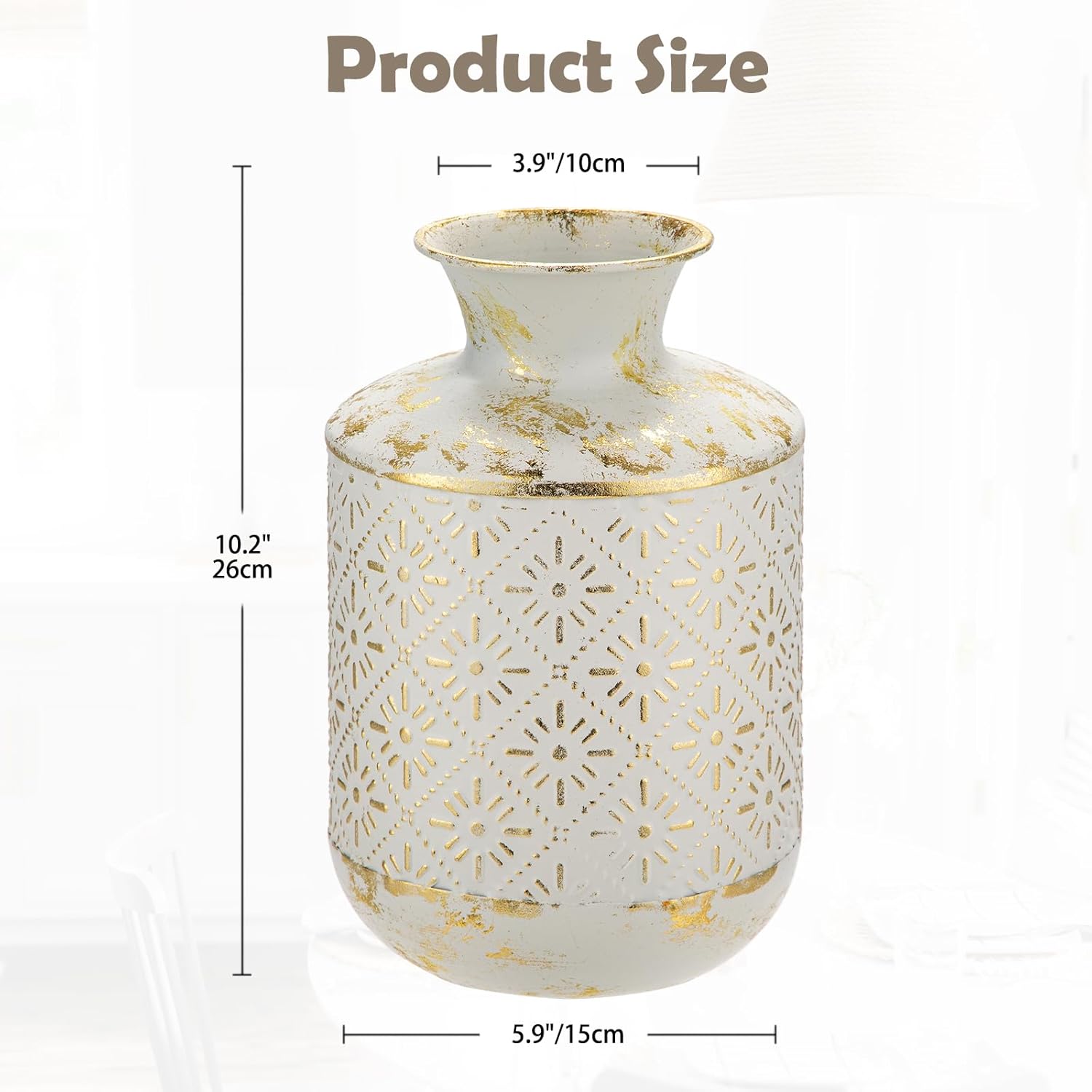 Flower Vase Rustic Metal Vase, 10.2" Vintage White and Gold Distressed Vase for Farmhouse Home Décor Artificial Flowers and Centerpieces