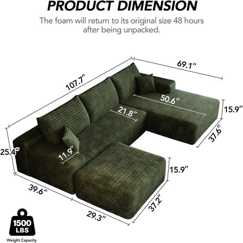 107.7" Boneless Sectional Couch Modern Modular U - Shape Corduroy Upholstered Sofa for Living Room - Deep Seat with Chaise and Ottoman(Green, 2 Seater+Right Facing Chaise+Ottoman)