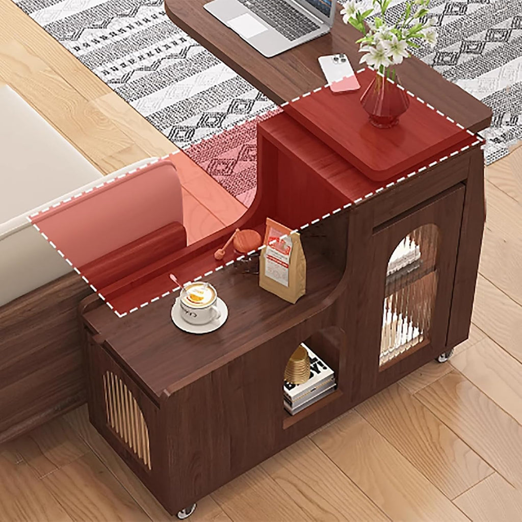 Space-Saving Swivel Trays Timber End Side Table with Storage Cabinet for Living Room and Bedroom
