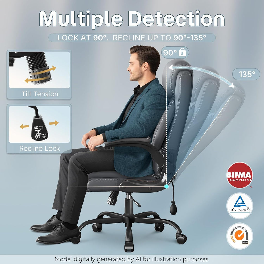 Ergonomic Office Chair, Big and Tall Office Chair, Executive Chair- Padded Leather Comfy Chair with Adjustable Lumbar Support & Flip-Up Arms, Swivel Chair for Home Office,2 Pack