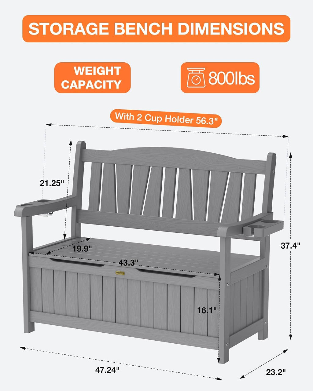 YEFU Outdoor Storage Bench for Patio: Heavy Duty Garden Bench with 96° High Backrest & Oversized Seating - Weatherproof HIPS Patio Benches with Storage for Porch Backyard Park Room, Grey