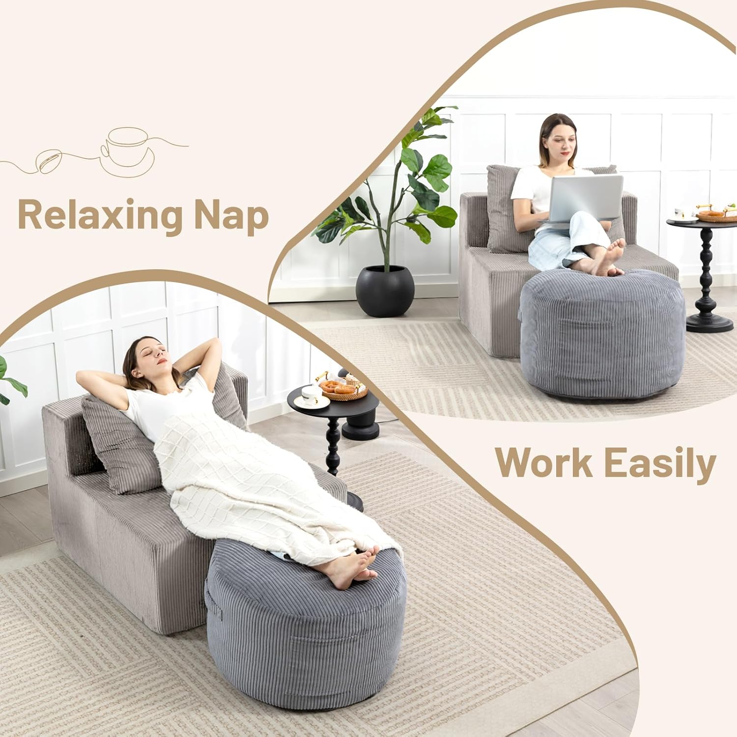 Round Stuffed Pouf Ottoman (Gray, 20" D x 20" W x 15" H) | Corduroy Foot Rest with Rebound Foam Filling, Furry and Fluffy Foot Stool Ottoman, Floor Poufs for Living Room