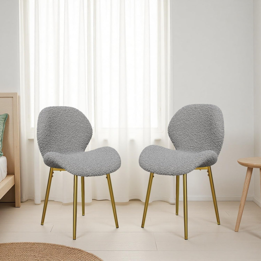 Set of 2 Soft Teddy Velvet Dining Chairs with Shell-Shaped Back, Stable Metal Legs, Easy Assembly | Perfect for Kitchen, Living Room, Restaurant, Cafe (Grey)