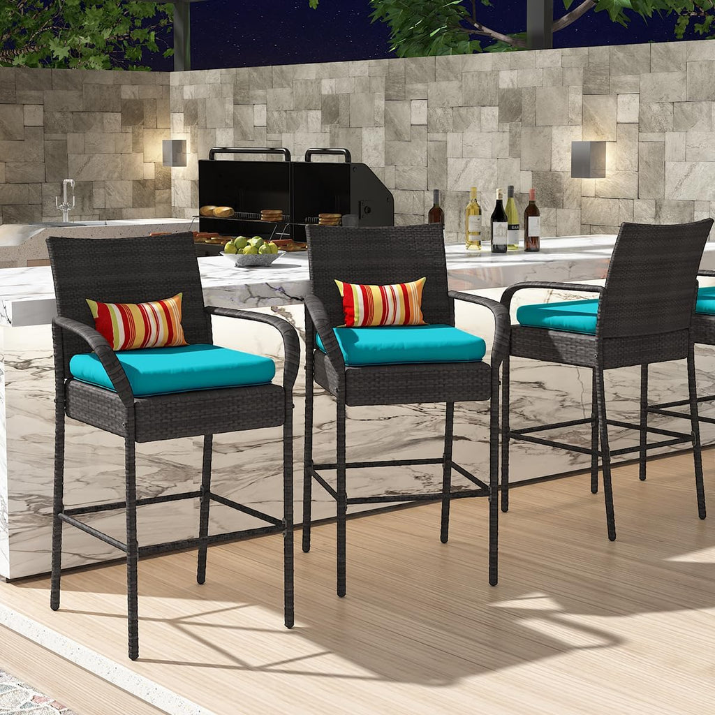 Sundale Outdoor Wicker Bar Stool Set of 4, Patio Counter Height Pub Chair with Arms, High Top Rattan Barstool, Cushion Beige, All-Weather Outdoor Rattan Furniture (Gray&Blue, Small Seat - 4 Stools)