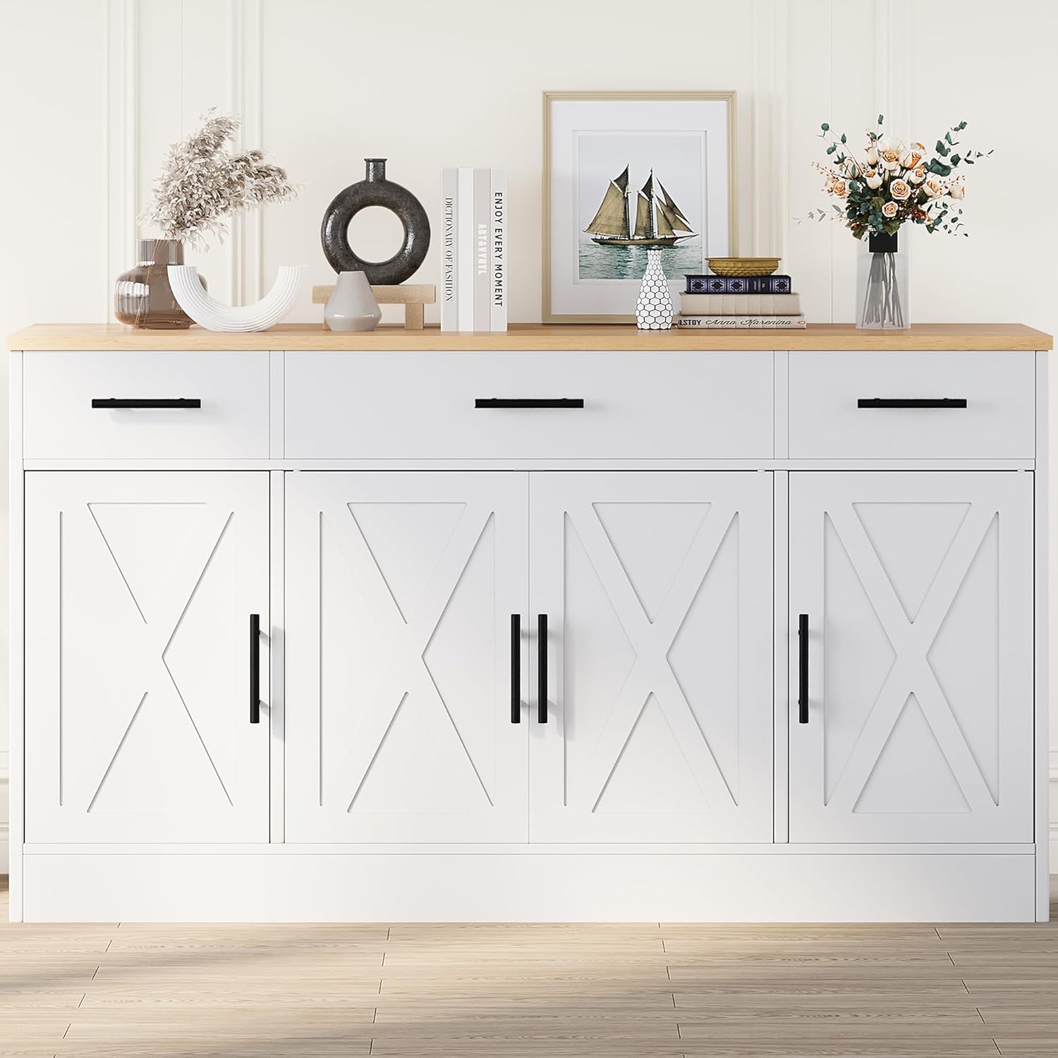 Shintenchi Buffet Cabinet with Storage,53.4" Large Kitchen Storage Cabinet with 3 Drawers and 4 Doors,Wood Farmhouse Buffet Sideboard with Adjustable Shelf for Kitchen Living Room, White