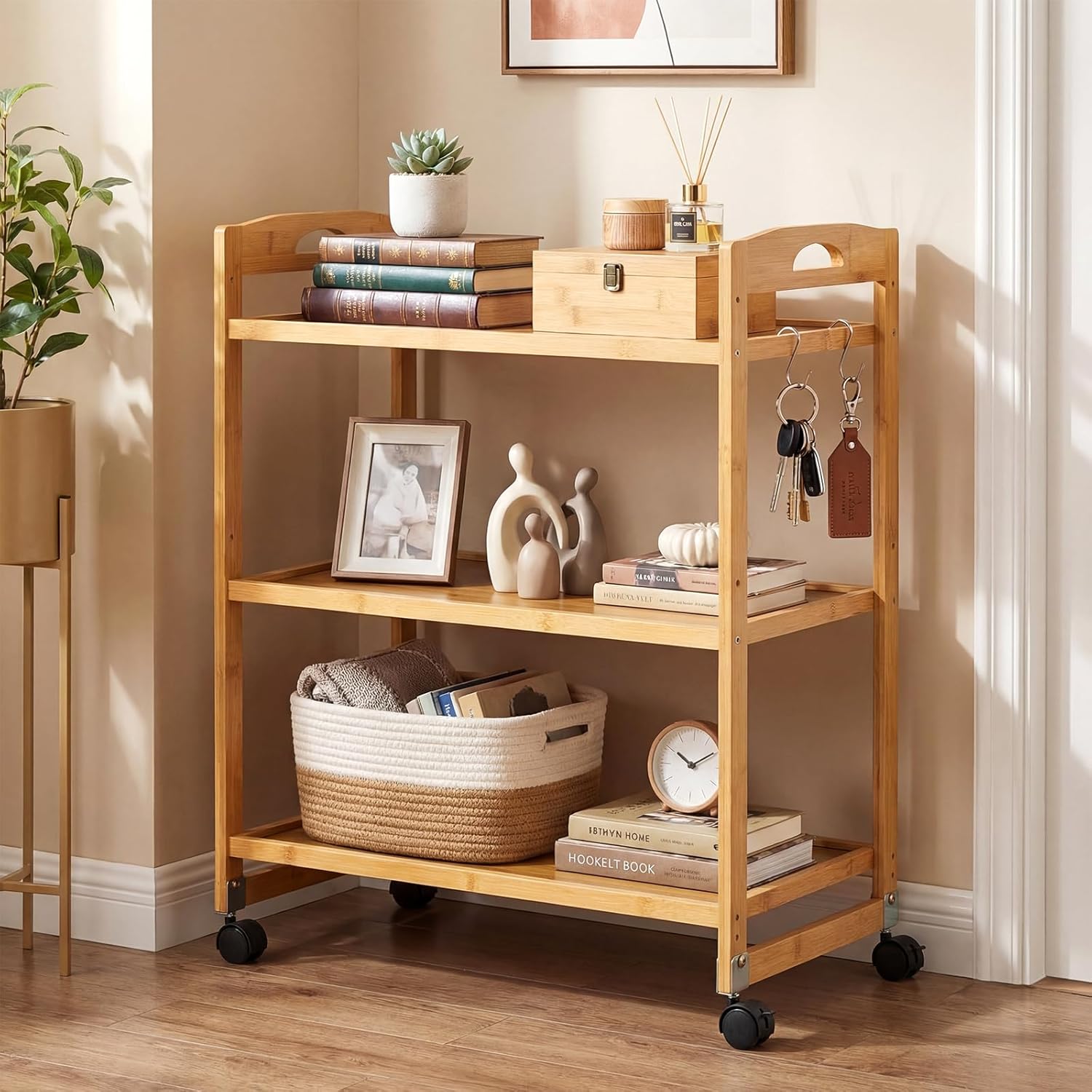 Giantex 3-Tier Rolling Storage Cart, Bamboo Utility Cart w/ 3 Side Hooks & Adjustable Shelves, Multifunctional Kitchen Cart on 2 Lockable Wheels for Living Dining Room, Laundry, Bathroom, Office Art