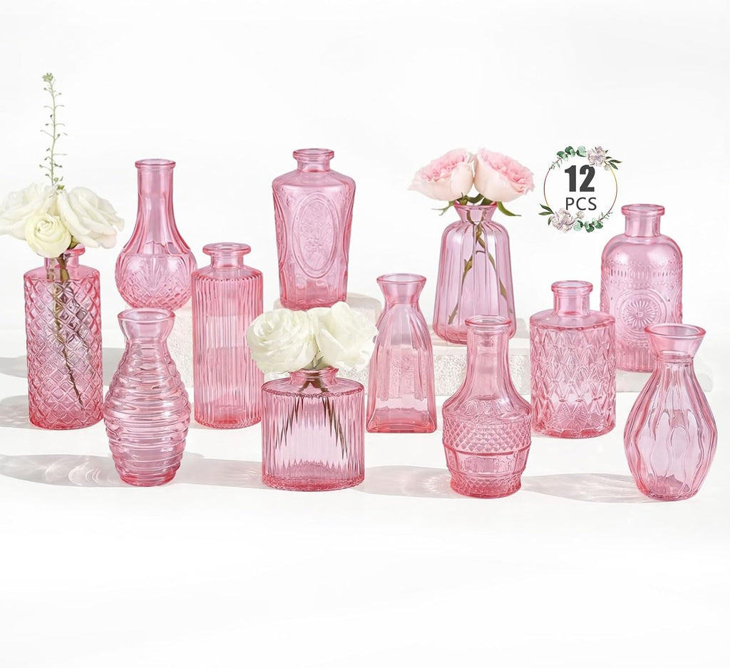 12 Pack Bud Vase in Bulk - BEAHOT Pink Flower Vases for Wedding Decorations, Glass Vase for Table Decorations, Small Vase for Home, Mother's Day, Centerpieces, Party, Office (Pink)