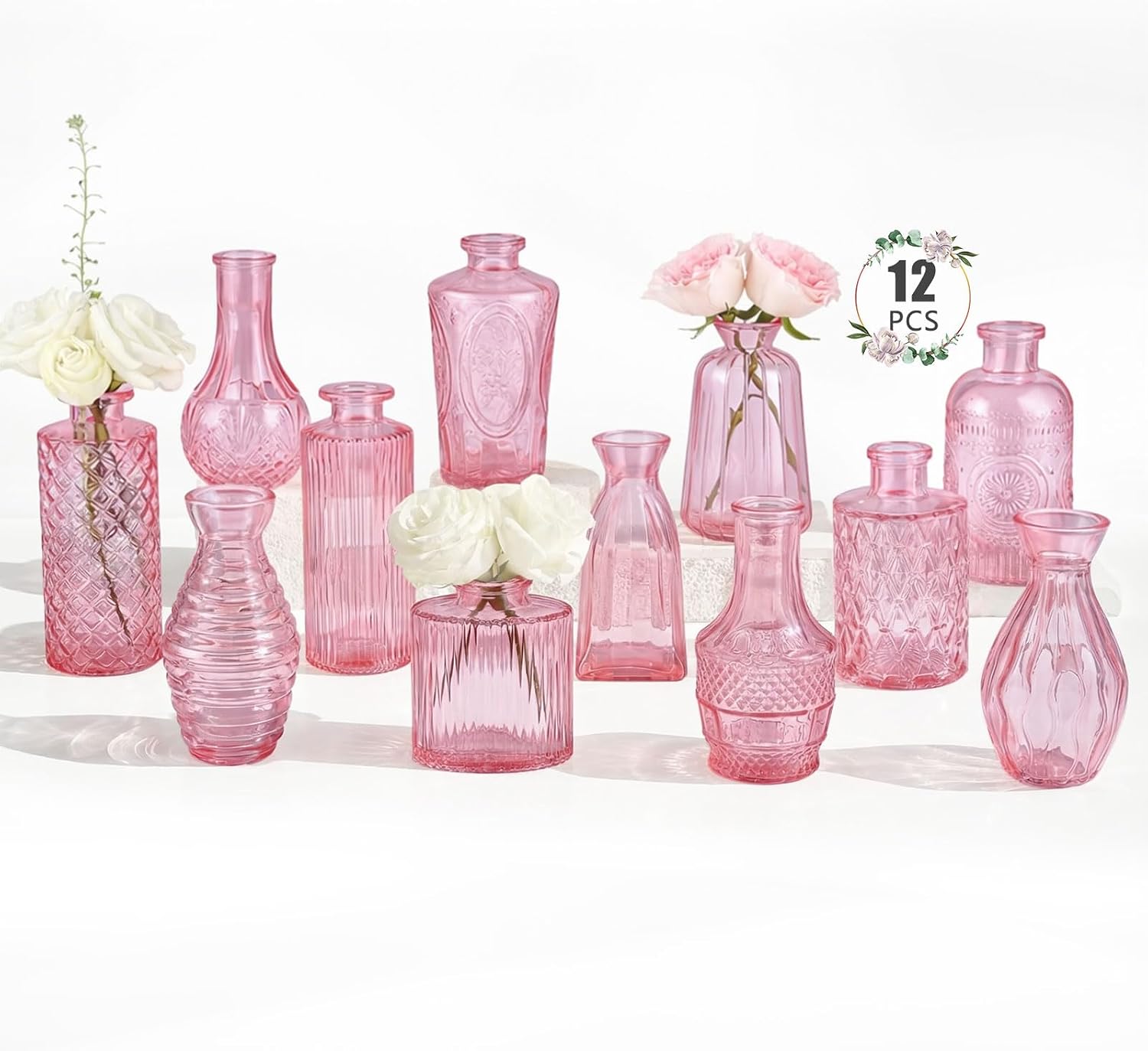 12 Pack Bud Vase in Bulk - BEAHOT Pink Flower Vases for Wedding Decorations, Glass Vase for Table Decorations, Small Vase for Home, Mother's Day, Centerpieces, Party, Office (Pink)