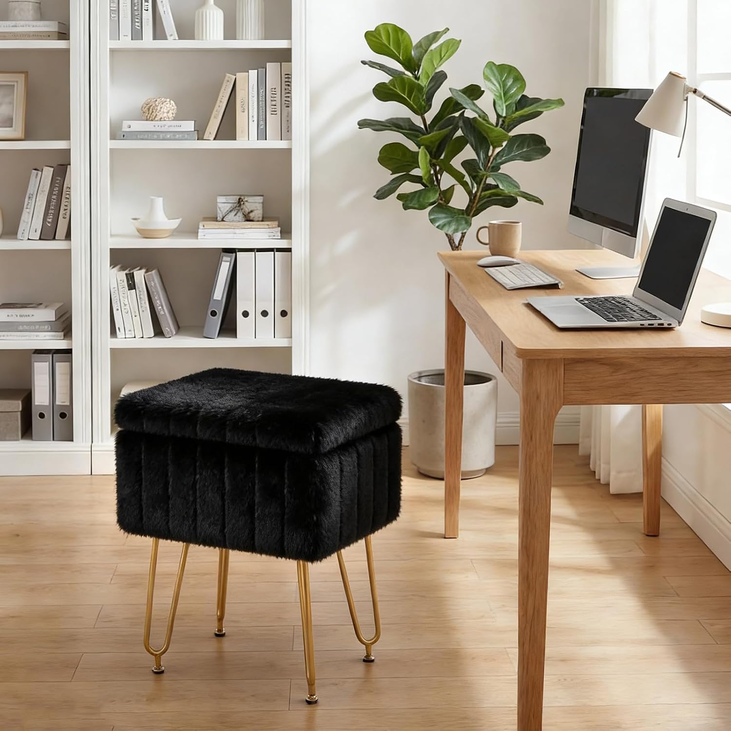 DUMOS Vanity Stool Chair with Storage, Small Ottoman Faux Fur Soft Padded Footstools Seat with 4 Metal Legs Anti-Slip Adjustable Feet Modern Footrest for Home Entryway Bedroom Makeup Black