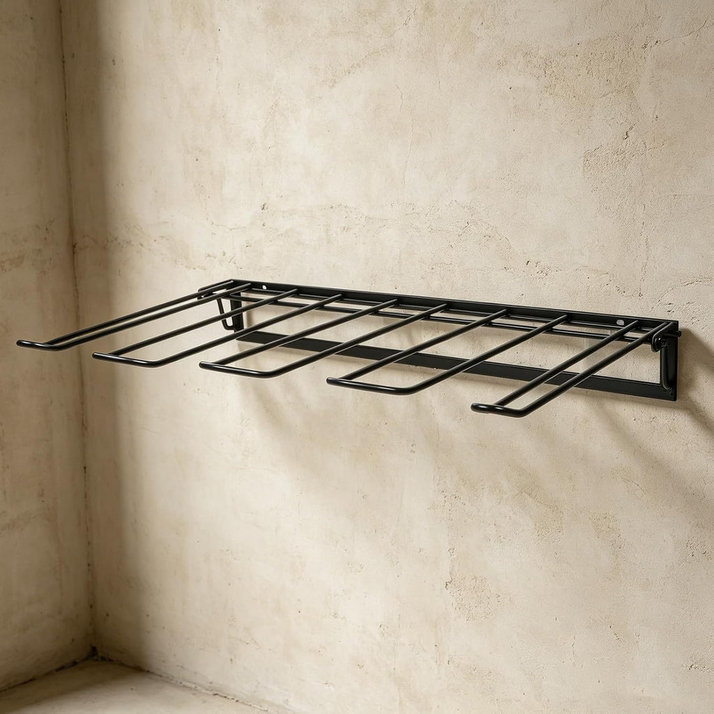 Foldable Cowboy Boot Rack for 2 Pairs Tall Boots, Black Iron Wall-Mounted Shoe Organizer with Sturdy Construction and Angled Hanging Design, Space Saving Storage for Entryway