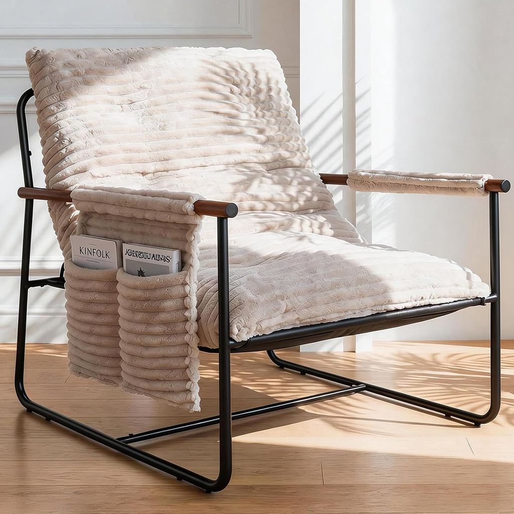 Comfy Accent Chair Cozy Reclining Sleeper Oversized Recliner Arm Chairs for Living Room Modern Lounge Armchair with Wood Armrests Sturdy Upholstered Single Sofa for Bedroom Home Office