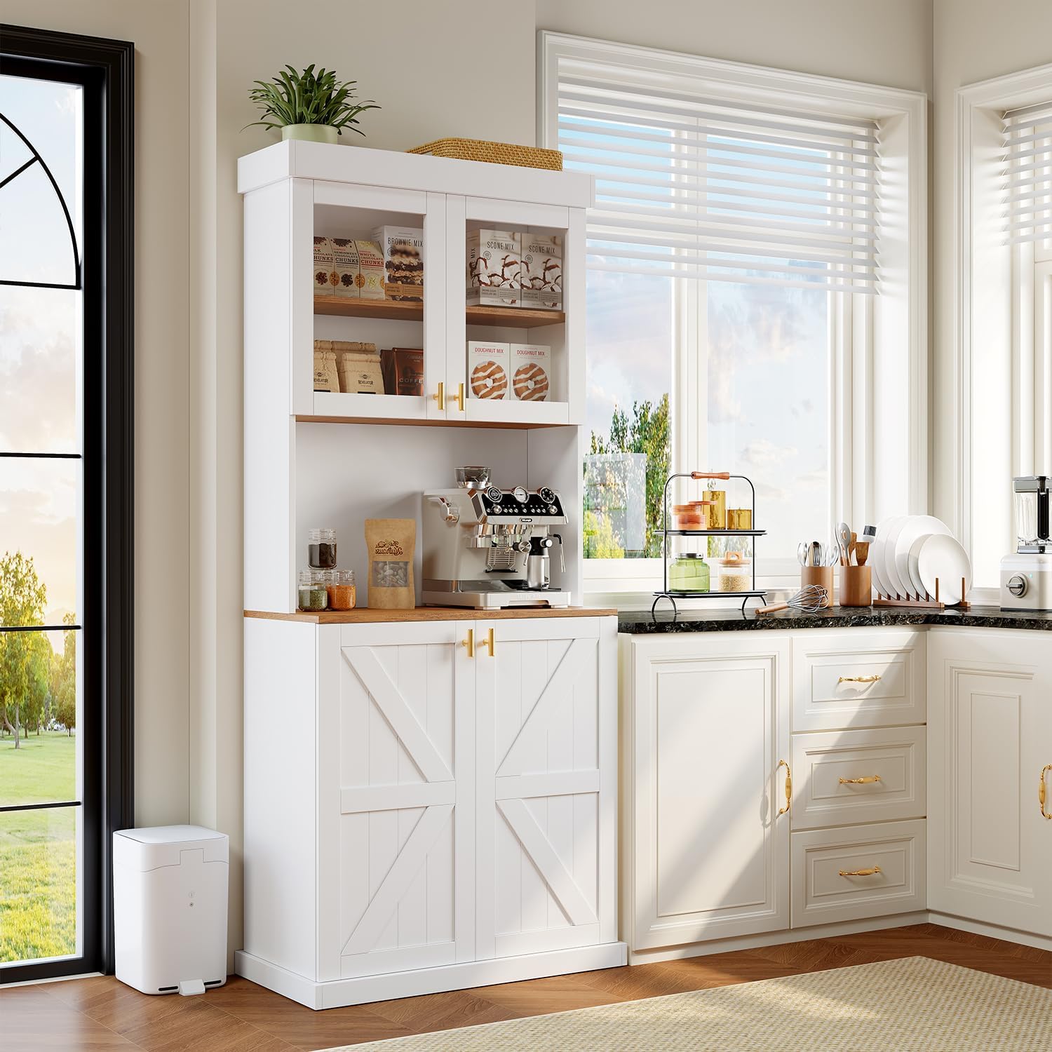 Farmhouse Kitchen Pantry Cabinet Set of 2, 71-Inch Tall Storage Cabinet with Glass Doors, Coffee Bar Hutch with Microwave Stand and Adjustable Shelves for Kitchen, Dining Room, Living Room, White