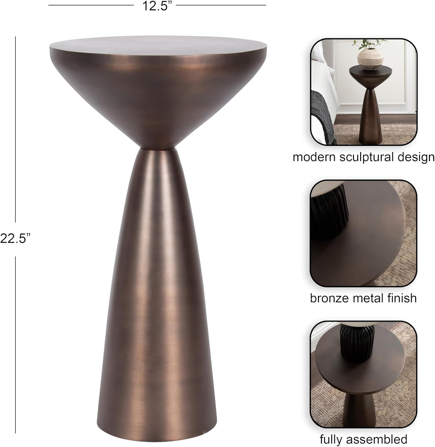 Kate and Laurel Steeves Modern Sophisticated Metal Side Table, 13 x 13 x 23, Bronze, Contemporary Pedestal End Table with Unique Sculptural Design for Use as Bedroom Nightstand