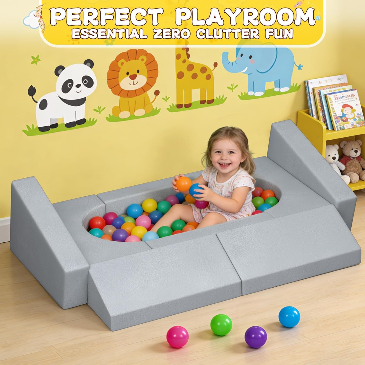 15pcs Unique Modular Kids Play Couch - Convertible Foldable Toddler Sofa Bed with Removable Crystal Velvet Cover, Safe Couches Kids Furniture for Playroom & Bedroom, for Boys and Girls