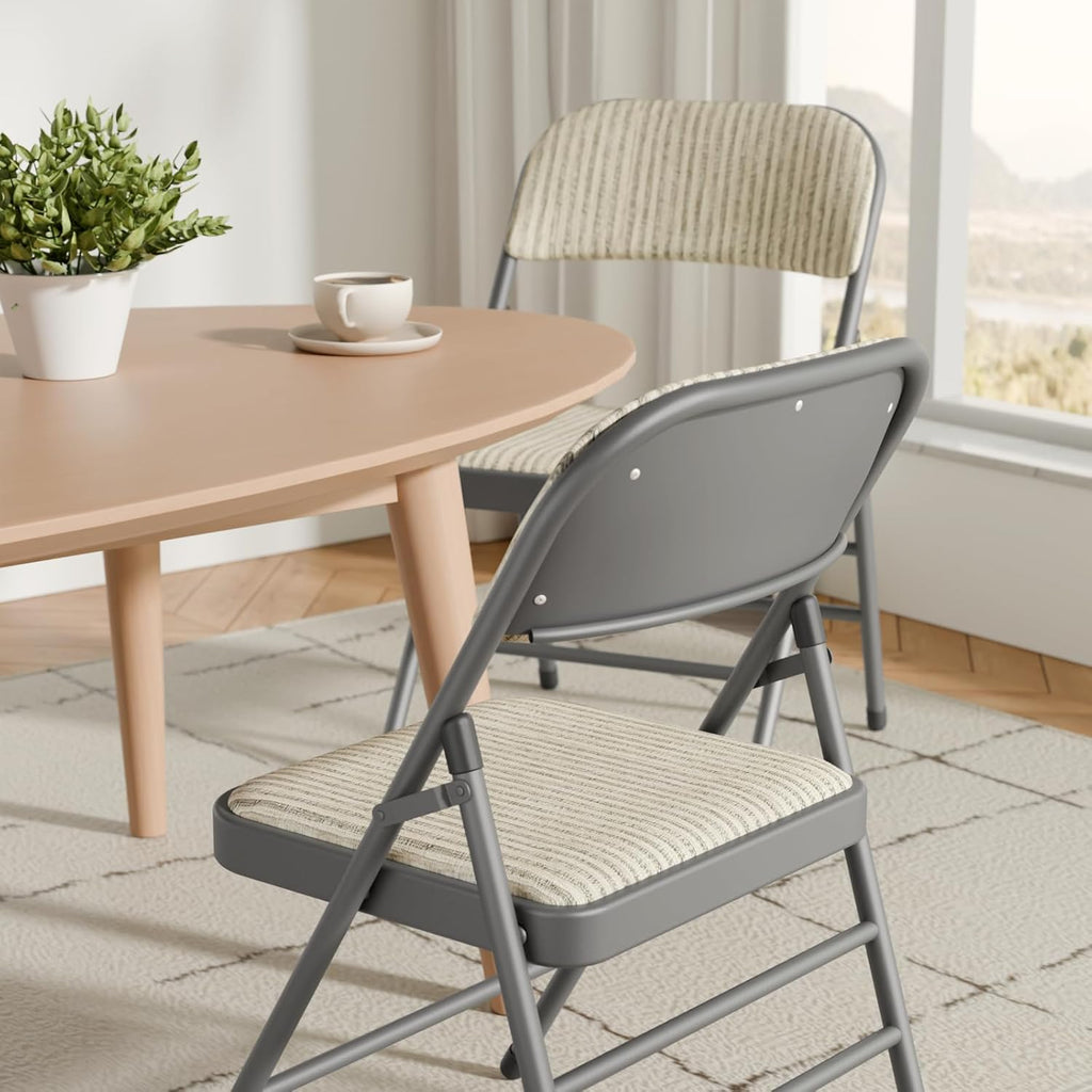 4 Pack Folding Chairs Fabric Dining Chair Set with Padded Cushion and Back, Indoor Outdoor Foldable Seat with Steel Frame for Home Office Events Wedding Party, Oatmeal Strip Seating