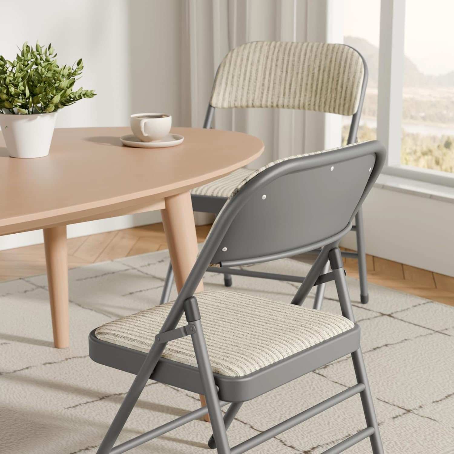 4 Pack Folding Chairs Fabric Dining Chair Set with Padded Cushion and Back, Indoor Outdoor Foldable Seat with Steel Frame for Home Office Events Wedding Party, Oatmeal Strip Seating