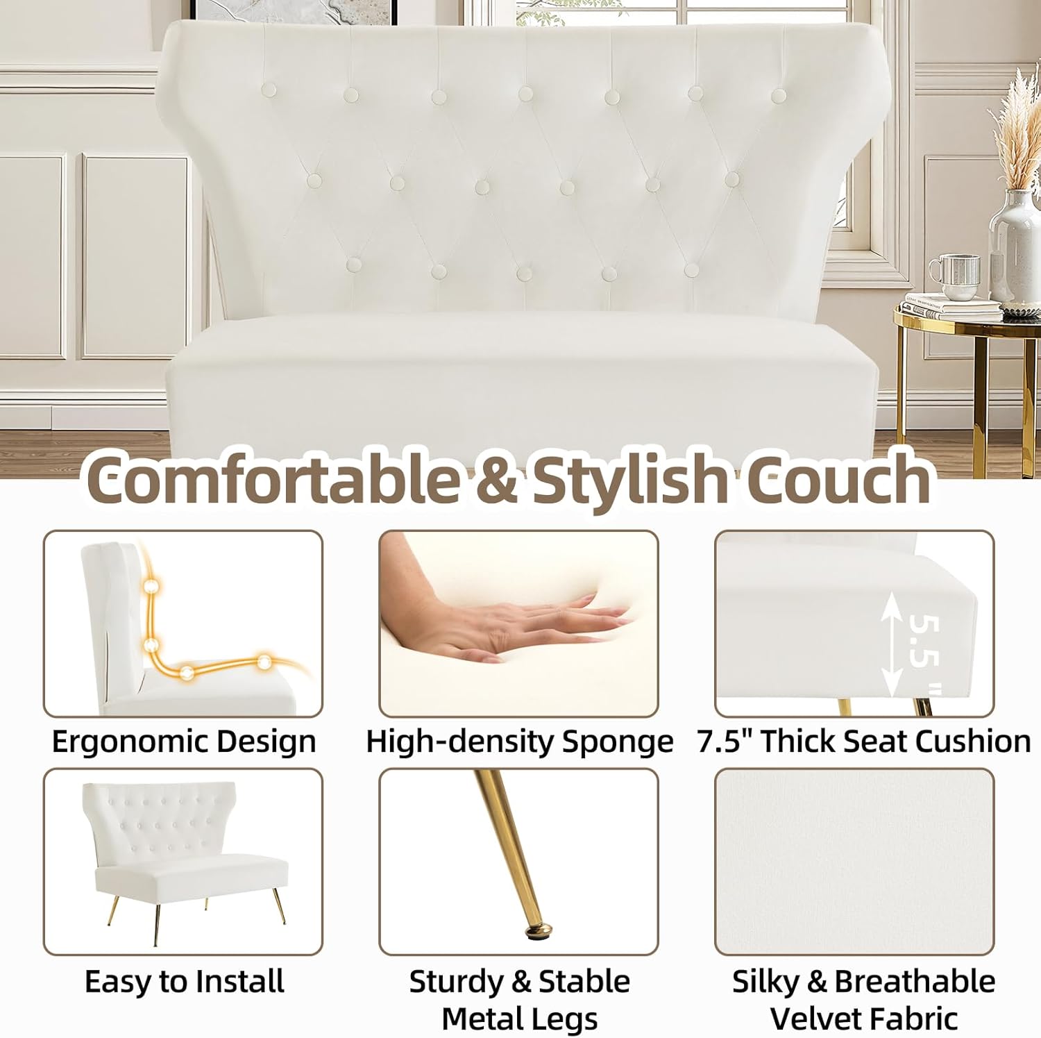 ZJhome Small White Velvet Sofa, Soft Upholstered 40’’ Armless Loveseat Couch with High Density Foam, Modern Tufted Cushion with Gold Legs for Bedroom, Dorm, Apartment, Girls, Teens, Easy Assembly