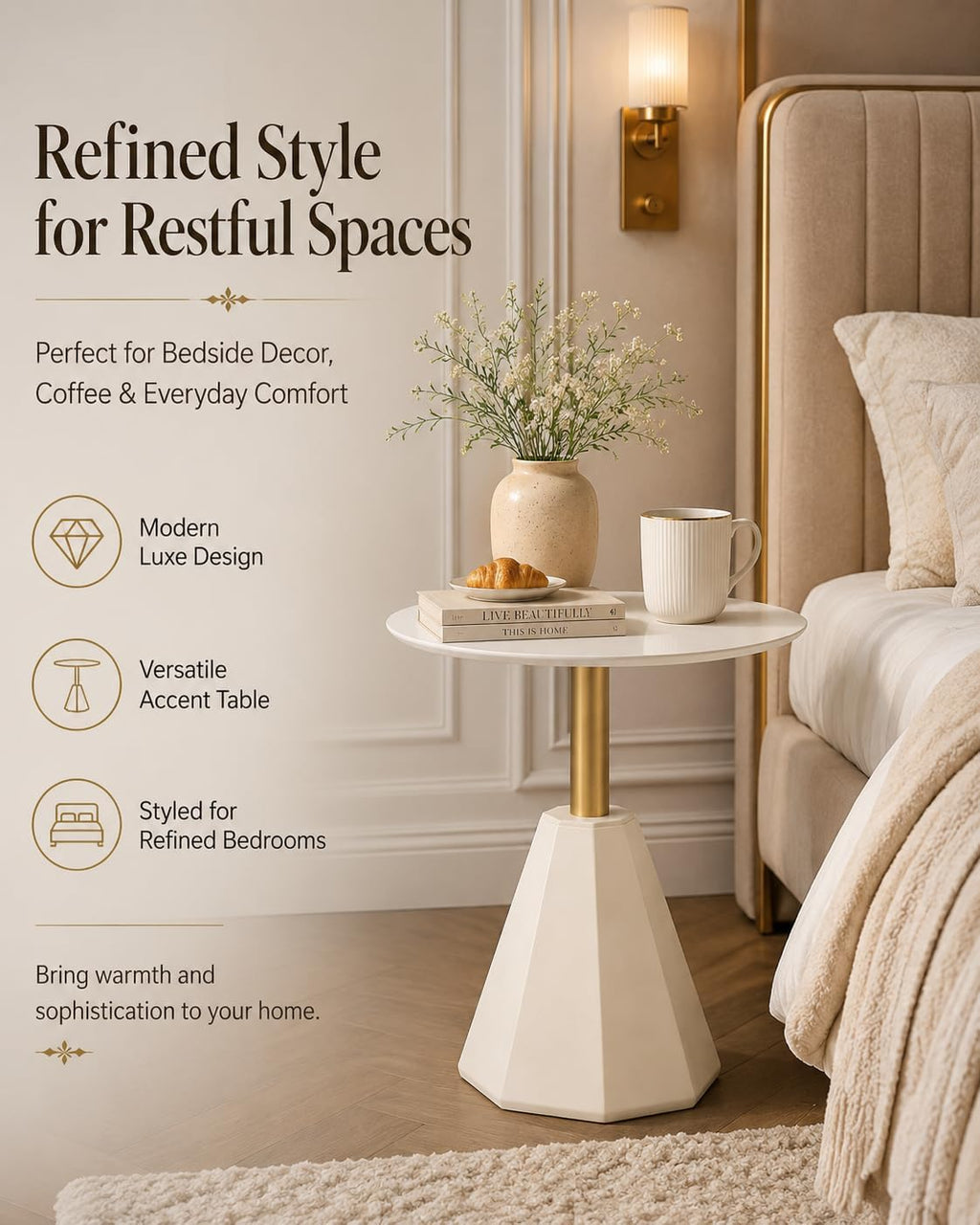 Round Wood Side Table, Coffee Nightstand Cocktail Drink Modern Accent Circle End Table, Wood Pedestal Base for Living Room, Bedroom, Small Spaces, Offices, Ivory